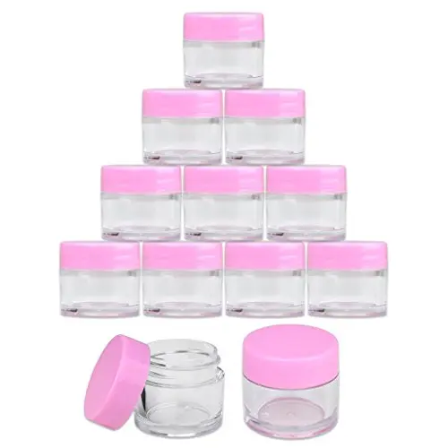 Bouteilles en plastique transparent haute qualité 7g/7ml (12 paquets), parois épaisses, étanches, avec couverts roses pour cosmétiques, baumes à lèvres, gloss à lèvres, crèmes, lotions, liquides.