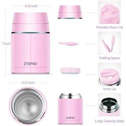 Insulated Thermos Food Jar for Hot Food Wide Mouth 27 oz with Folding Spoon & Handle Food Storage Lunch Container ZTXPRO Leak Proof Design for School Picnic Office Outdoors ? Pink Purple