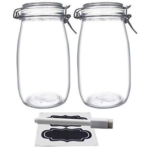 YEBODA 48oz Food Storage Canister Glass Jars with Clamp Airtight Lids and Silicone Gaskets for Multi-Purpose Kitchen Containers - Clear Round (2 Pack)