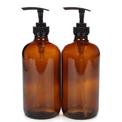 Vivaplex, 2, Large, 16 oz, Empty, Amber Glass Bottles with Black Lotion Pumps