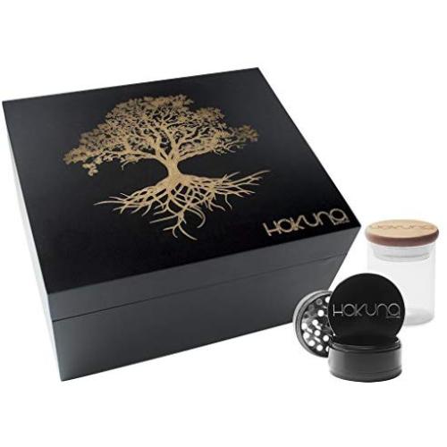 Hakuna Supply - Black Storage Box with Dividers, Glass Jar, Grinder and Catcher- Engraved Bamboo Lid (Tree of Life)