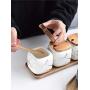 Creative Nordic Style Marble Pattern Ceramic Kitchen Seasoning Tank Set Wooden Cover Salt Shaker Spice Jar Kitchen Accessories,tray