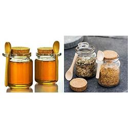 VASANA 1PCS 250ml Empty Clear Durable Glass Food Storage Container Bottle with Cork Stopper and Wooden Spoon Travel Packing Jar for Bath Salt Cosmetic Powder Honey Nuts Suger