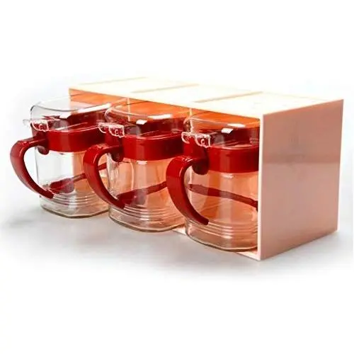 Glas Gewürzdose Set mit 3 Messlöffeln – Gewürzbehälter, Dosen, Essiggiglas, Gewürzregal, Geschlossene Gewürzbehälter für Küche und Haushalt
