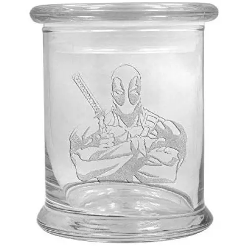 Bouteille de stockage d'herbes en verre transparent de 355 ml avec étui Deadpool. Bouteille de stockage d'herbes en verre transparent de 355 ml avec étui Deadpool.