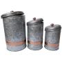 Benjara Galvanized Metal Lidded Canister with Copper Band, Set of Three, Gray