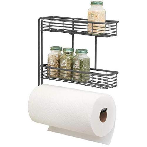 mDesign Wall Mount Metal Paper Towel Roll Holder and Dispenser with 2 Shelf Baskets - Kitchen Storage and Organization for Spice Bottles, Glass Jars, Salt, Pepper - Graphite Gray