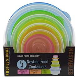 Nicole Home Collection Nesting Food Containers with Multicolor Lids-Microwave, Dishwasher & Freezer Safe (Round)