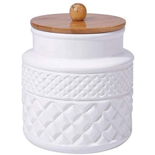 Ceramic Food Storage Jar with Airtight Seal Wooden Lid - Modern Design White Ceramic Kitchen Canister for Serving Tea, Coffee, Spice, Sugar, Salt and More