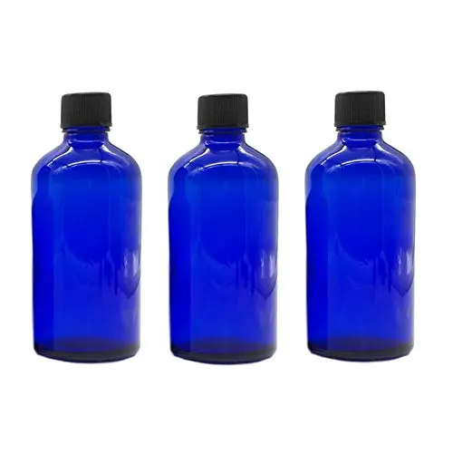 3PCS 100ml/3.4oz Wiederbefüllbare Leere Blaue Glasflasche für Ätherisches Öl, Kosmetikbehälter, Dosierbehälter, Glasgefäße mit Orifice-Reduzierer und schwarzer Kappe für Aromatherapie, Parfüm, Kölnisch Wasser, Laborchemikalien