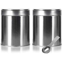 Wide Round Twist Top Tea Tin Canister Containers (2 PACK) and Stainless Steel Metal Scoop Spoon, For Loose Leaf Tea, Coffee, Sugar Storage, Dried Herbs, Spices