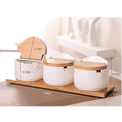 Mini Spice Jars Kitchenware ceramic seasoning jar three-piece creative white bamboo wood flip