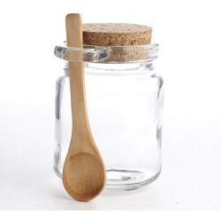 Factory Direct Craft Thick Clear Glass Storage Jar with Cork Stopper and Wooden Spoon