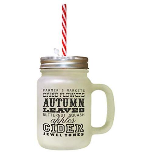 Black Autumn Leaves Butternut Squash Apples Cinder Frosted Glass Mason Jar With Straw