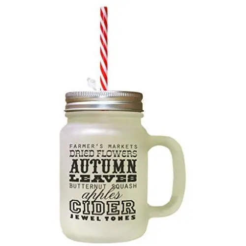 Black Autumn Leaves Butternut Squash Apples Cinder Frosted Glass Mason Jar With Straw Black Autumn Leaves Butternut Squash Apples Cinder Frosted Glass Mason Jar With Straw