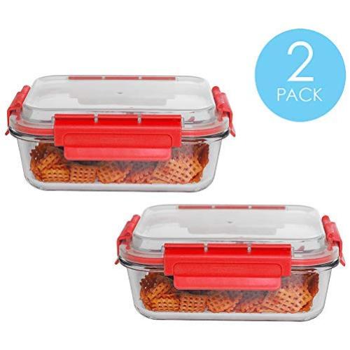 Home Basics 35 oz. Rectangle Leak and Spill Proof Borosilicate Glass Food Storage Dishwasher Safe Meal Prep Storage Container with Air-tight Plastic Lid, Red (2)
