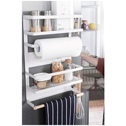 Kitchen Rack - Magnetic Fridge Organizer - 18.1x11.8x4.4 INCH - Paper Towel Holder, Rustproof Spice Jars Rack, Plastic Wrap holder, Refrigerator Shelf Storage Including 5 Removable Hook- 201 (White)