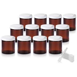 Amber Thick Glass Straight Sided Jar with White Metal Airtight Lid - 4 oz / 120 ml (12 pack) + Spatulas