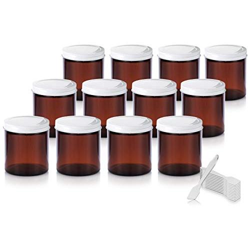 Amber Thick Glass Straight Sided Jar with White Metal Airtight Lid - 4 oz / 120 ml (12 pack) + Spatulas