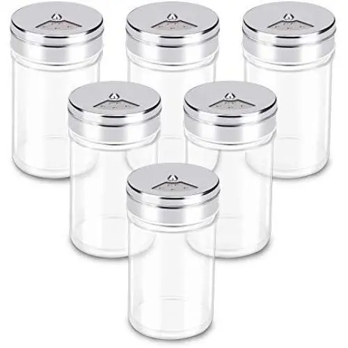 Glas Gewürzflaschen-Set, 6 Stück à 90 ml mit Schüttelverschlüssen, ideal zum Lagern von Gewürzen und Kräutern.  Einstellbarer Edelstahl-Tropferaufsatz für präzises Dosieren.
