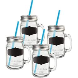 Circleware Yorkshire Mason Jar Drinking Mugs with Glass Handles, Fun Chalkboard, Metal Lids and Hard Plastic Blue Straws, Set of 4, 17.5 ounce, Clear