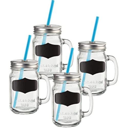 Circleware Yorkshire Mason Jar Drinking Mugs with Glass Handles, Fun Chalkboard, Metal Lids and Hard Plastic Blue Straws, Set of 4, 17.5 ounce, Clear