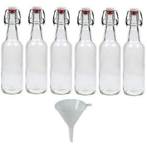 Viva Haushaltswaren 6 Glass Bottles 500 ml with Swing Tops for Self-Filling incl. A White Filling Funnel Diameter 9.5 cm