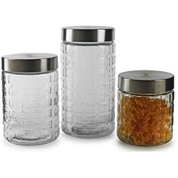 Circleware 68222 Cube-It Glass Block Embossed Canisters with Metal Lids Set of 3 Kitchen Glassware Food Preserving Container for Coffee, Sugar, Tea, Spices, Cereal 57.5 oz, 42.25 oz, 28 oz Clear