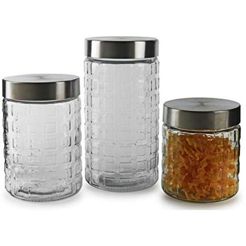 Circleware 68222 Cube-It Glass Block Embossed Canisters with Metal Lids Set of 3 Kitchen Glassware Food Preserving Container for Coffee, Sugar, Tea, Spices, Cereal 57.5 oz, 42.25 oz, 28 oz Clear