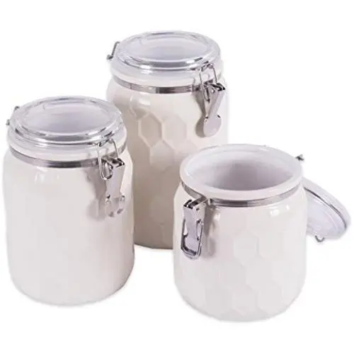 DII 3-Piece Modern Honeycomb Half Matte Glaze Ceramic Kitchen Canister Jar With With Airtight Clamp Lid For Food Storage, Serve Coffee, Sugar, Tea, Spices and More and More, Cream DII 3-Piece Modern Honeycomb Half Matte Glaze Ceramic Kitchen Canister Jar With With Airtight Clamp Lid For Food Storage, Serve Coffee, Sugar, Tea, Spices and More and More, Cream