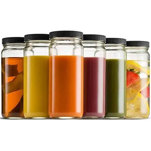 Reise Glas Trinkflasche 16 Unzen [6er Pack] BPA-freie Plastikdeckel, Wiederverwendbare Glasflasche zum Mixen, für Saft, Smoothies, Kombucha, Tee, Milch, Homebrewed Beverage Bottle