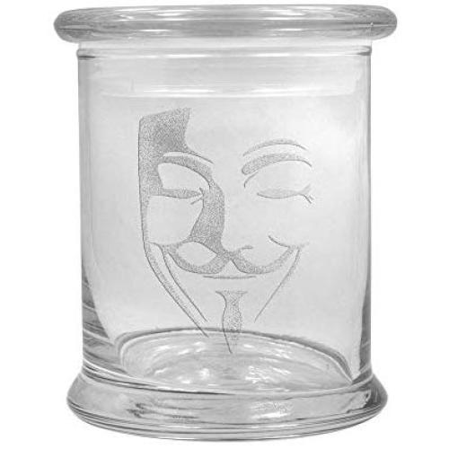 12 oz Clear Glass storage Herb Stash Jar and Lid with V For Vendetta Logo