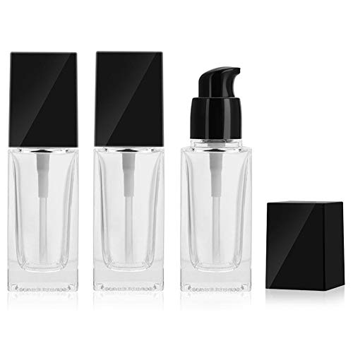 3PCS 30ml/1OZ Empty Glass Bottles with Press Pump Head Liquid Foundation Bottle Cosmetic Makeup Vials Containers for BB/CC Creams Lotion Square Essential Oils Jars Travel Set Sample Vials