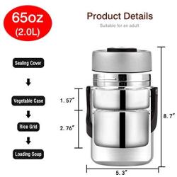 Vacuum Bento Lunch Box Food Carrier 304 Stainless Steel Insulated Thermos Food Container Storage Carrier, Leakproof BPA-Free 3 Tier Thermal Insulating Lunch Box, Keep Warm 6 hours (65oz, Silver)