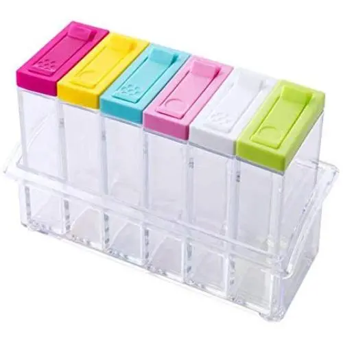 Gewürzsatz, 6-teiliges Set Küchengewürz-Sammelgläser, transparente PP-Gläser für Salz, Pfeffer, Kümmel, Gewürzbehälter (15.8 x 6.1 x 11 cm)