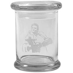 Clear 8 oz Glass Herb Stash Jar and Lid with Johnny Cash Bird Logo from Smoke Promos