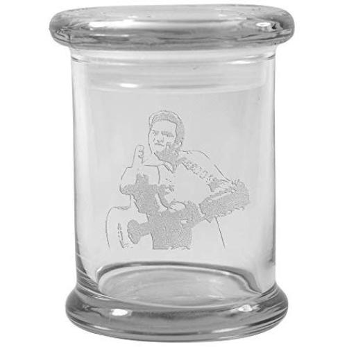 Clear 8 oz Glass Herb Stash Jar and Lid with Johnny Cash Bird Logo from Smoke Promos