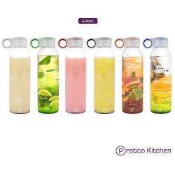 Pratico Kitchen 18oz Leak-Proof Glass Bottles, Juicing Containers, Water/Beverage Bottles - 6-Pack with Multi-Color Loop Caps