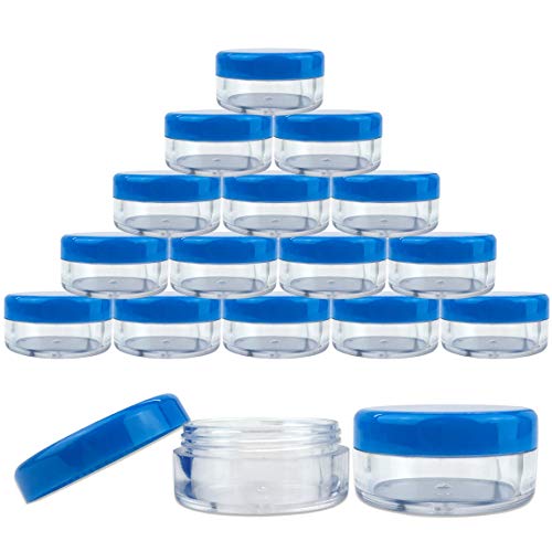 (Quantity: 25 Pieces) Beauticom 5G/5ML Round Clear Jars with BLUE Lids for Lotion, Creams, Toners, Lip Balms, Makeup Samples - BPA Free