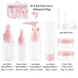 JOSALINAS Cosmetic Travel Bottles TSA Approved Leak-proof Toiletry Set for Makeup, 9 PCS Plastic Clear Liquid Containers, Pink