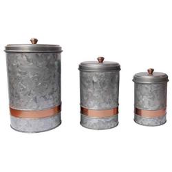 Benjara, Gray Galvanized Metal Lidded Canister with Copper Band, Set of Three