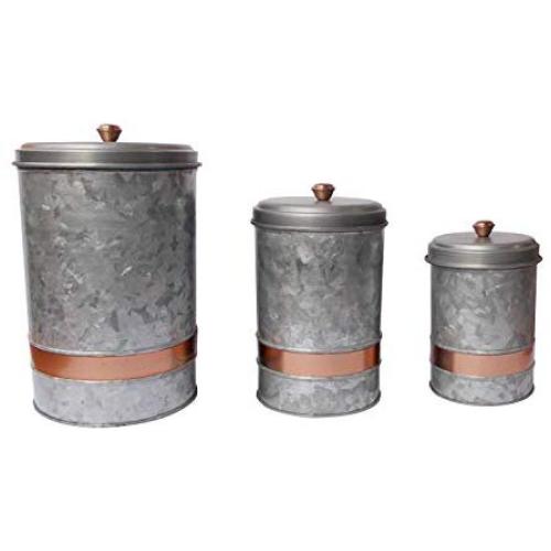 Benjara, Gray Galvanized Metal Lidded Canister with Copper Band, Set of Three