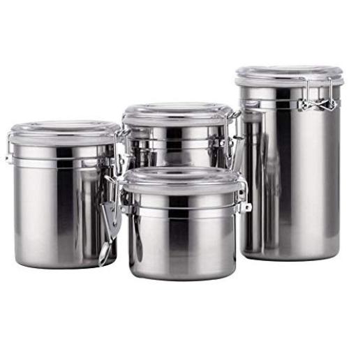 Storage Container 4pcs/set Stainless Steel Kitchen Food Storage Organizer Tea Cans Bottle Sealed Jar with Airtight Lids for Coffee/Sugar/Pasta/Biscuits/Beans(4inch)