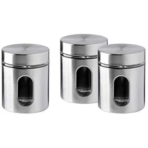 Brushed Stainless Steel and Glass Canister with Window, 5"H & 21OZ Set of 3 Brushed Stainless Steel and Glass Canister with Window, 5"H & 21OZ Set of 3