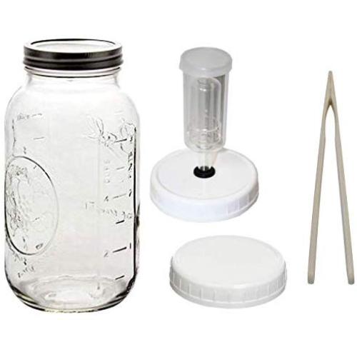 Fermentation Kit with (1) 64 ounce Mason Jar, 1 Wide Mouth Fermenting Lid with Grommet and Airlock Device, 1 Wide Mouth Storage Lid, 1 Set of Tongs and Instructions