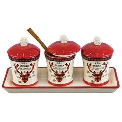 Hannas Handiworks Set of 3 Classic Plaid Reindeer Canisters with Tray for Christmas Tabletop Decorations for Winter Holidays Red Black Checkered Plaid