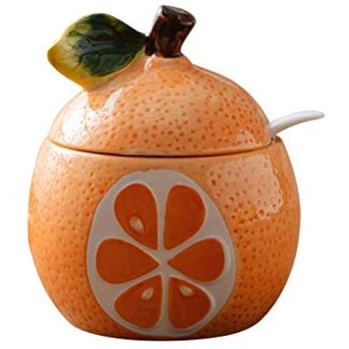 Fruit Shaped Ceramic Sugar Bowl Salt Pot Pepper Storage Jar Seasoning Pot Container Condiment Spice Box Holder with Lid and Spoon (Orange Pomelo)