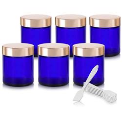 Cobalt Blue Thick Glass Straight Sided Jar with Gold Metal Overshell Lid - 4 oz / 120 ml (6 pack) + Spatulas