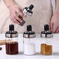 TUU Kitchen Supplies Glass Spice Jars With Spoon Seasoning Bottle Salt Storage Box Pepper Shakers Glass Seasoning Container (Clear)