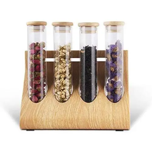 1.4x 8.32inch Test Tube Can 4 Pack Glass Storage Jars + Wooden Display Rack 45ml Clear Candy Tubes With Sealed Bamboo Lids for Sugar, Coffee Baking Supplies